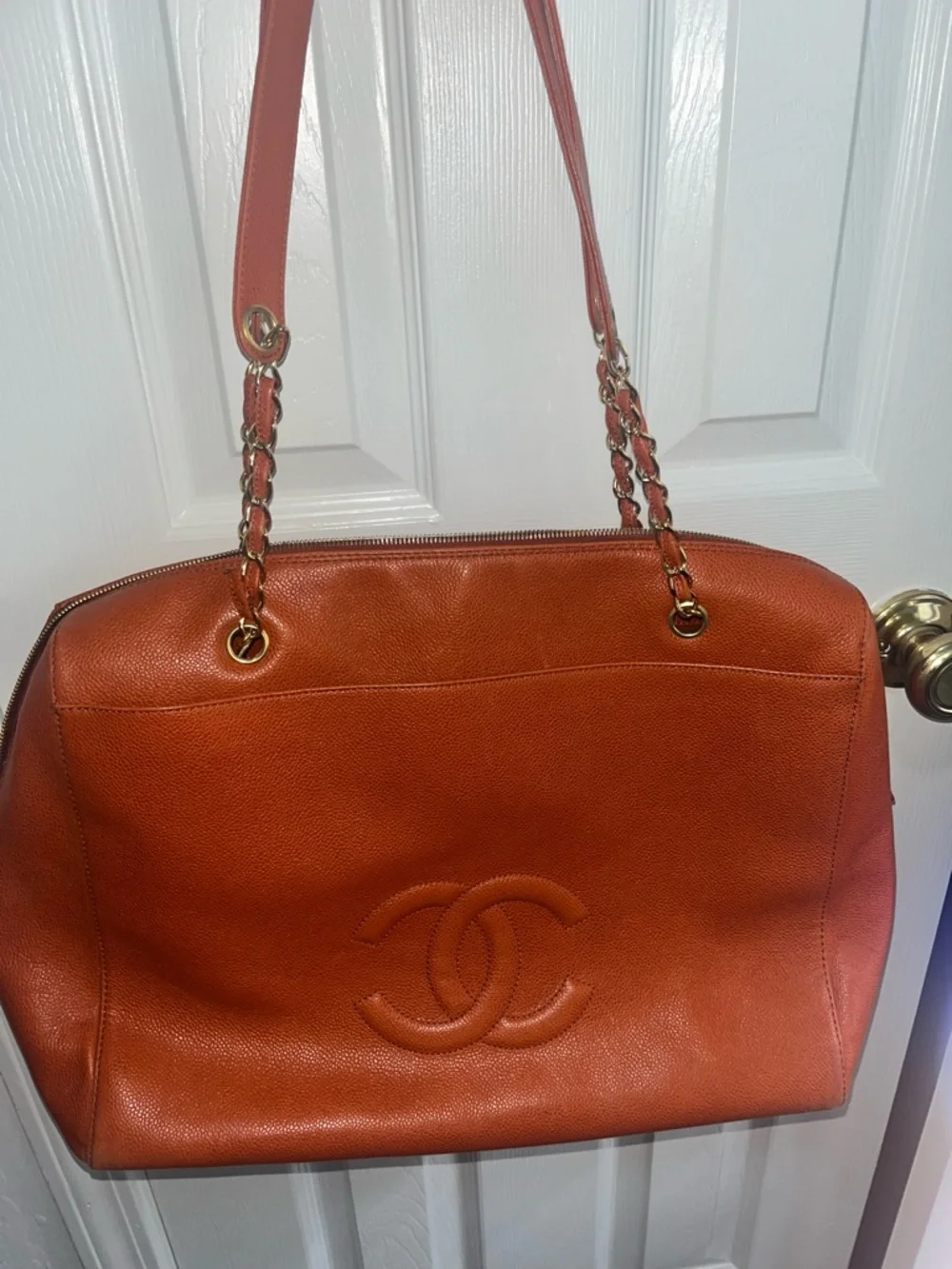 CHANEL Orange Timeless Caviar Tote with Gold Hardware